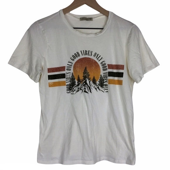 POLAGRAM Graphic T Shirt Short Sleeve Only Good Vibes Stripe Mountains Medium - Picture 12 of 12
